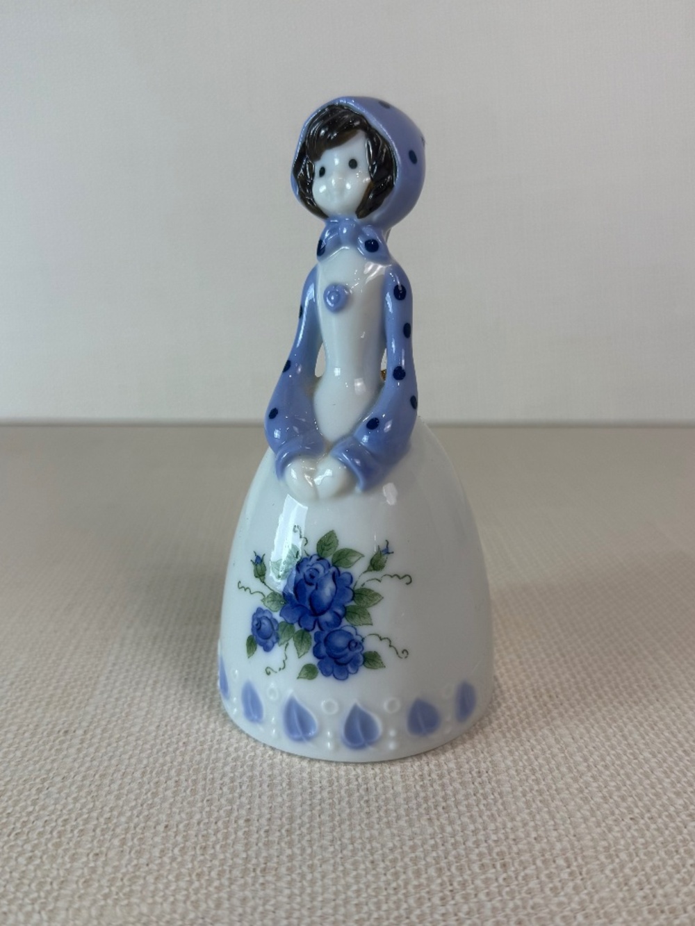 Porcelain Lady Bell Figurine Blue Floral Dress Cottage Style Japan/Taiwan